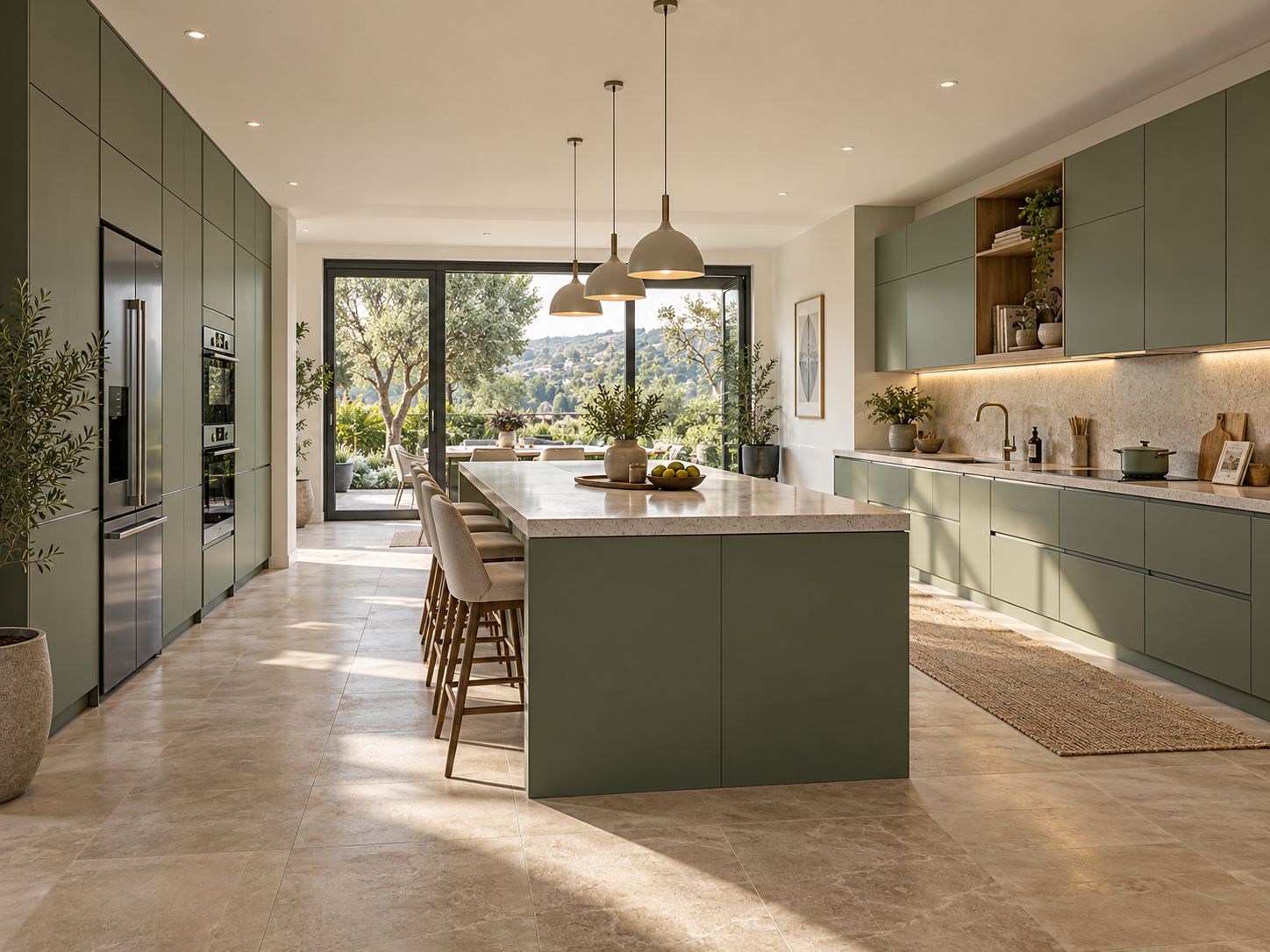 Cuisine sur mesure vert sauge avec grand îlot, plan clair et colonnes d’électroménager